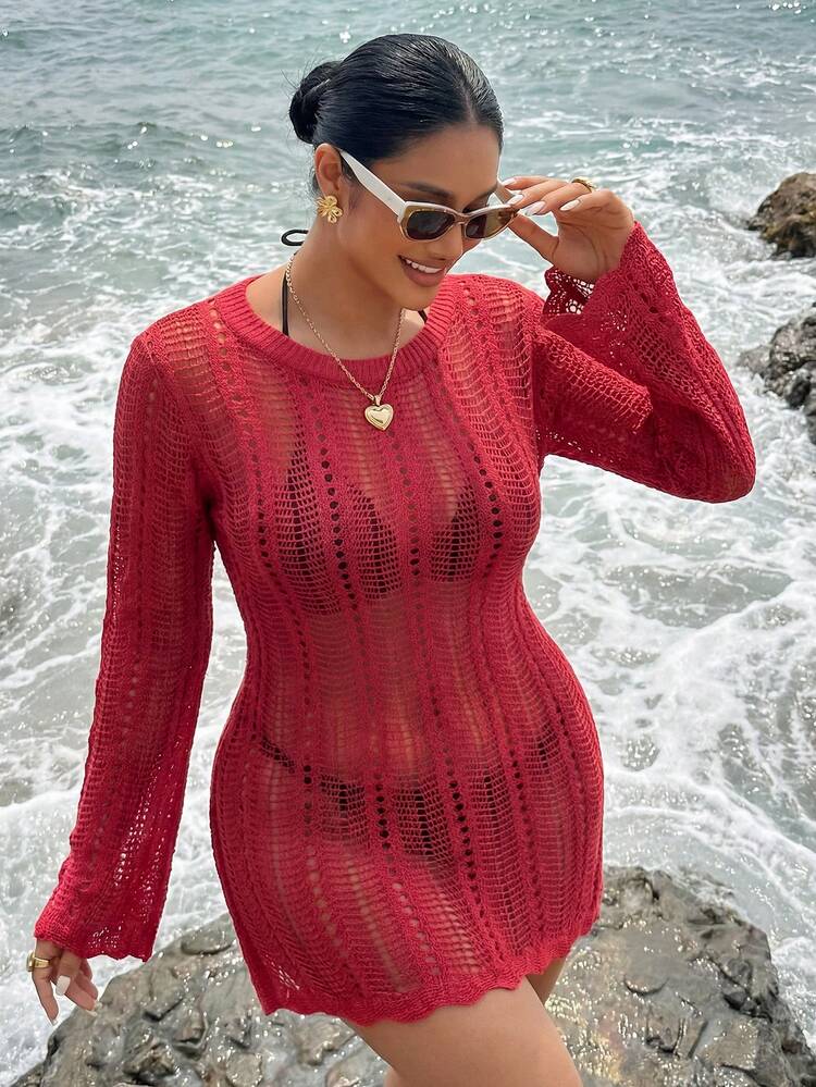 Dazy Plus Elastic Long Sleeve Fitted Backless Tie-Up Short Dress, Fitted Sexy Casual Red Sweater Cover Up, Beach Dress For Plus Size Women, Spring/Summer