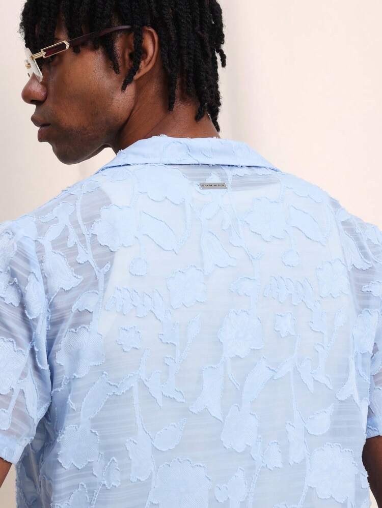 SUMWON Men's Light Blue Textured Short Sleeve Button Up Shirt With Point Collar Regular Fit Summer Casual Dress Shirt