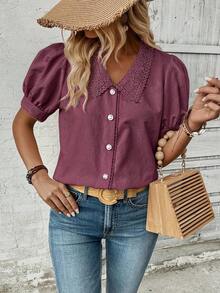 EMERY ROSE Solid Color Regular Shoulder Petal Sleeve Front Button Loose Casual Summer Shirt - Purple - View 4