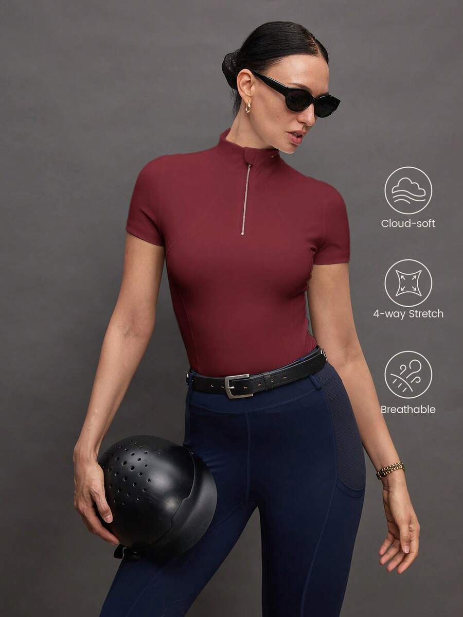 Activina Women's Solid Color Zipper Placket Short Sleeve Equestrian Top Activina Women's Stand Collar Solid Color Raglan Short Sleeve Fitted Equestrian Shirt Burgundy Ralphlauren Old Money - Red - View 1