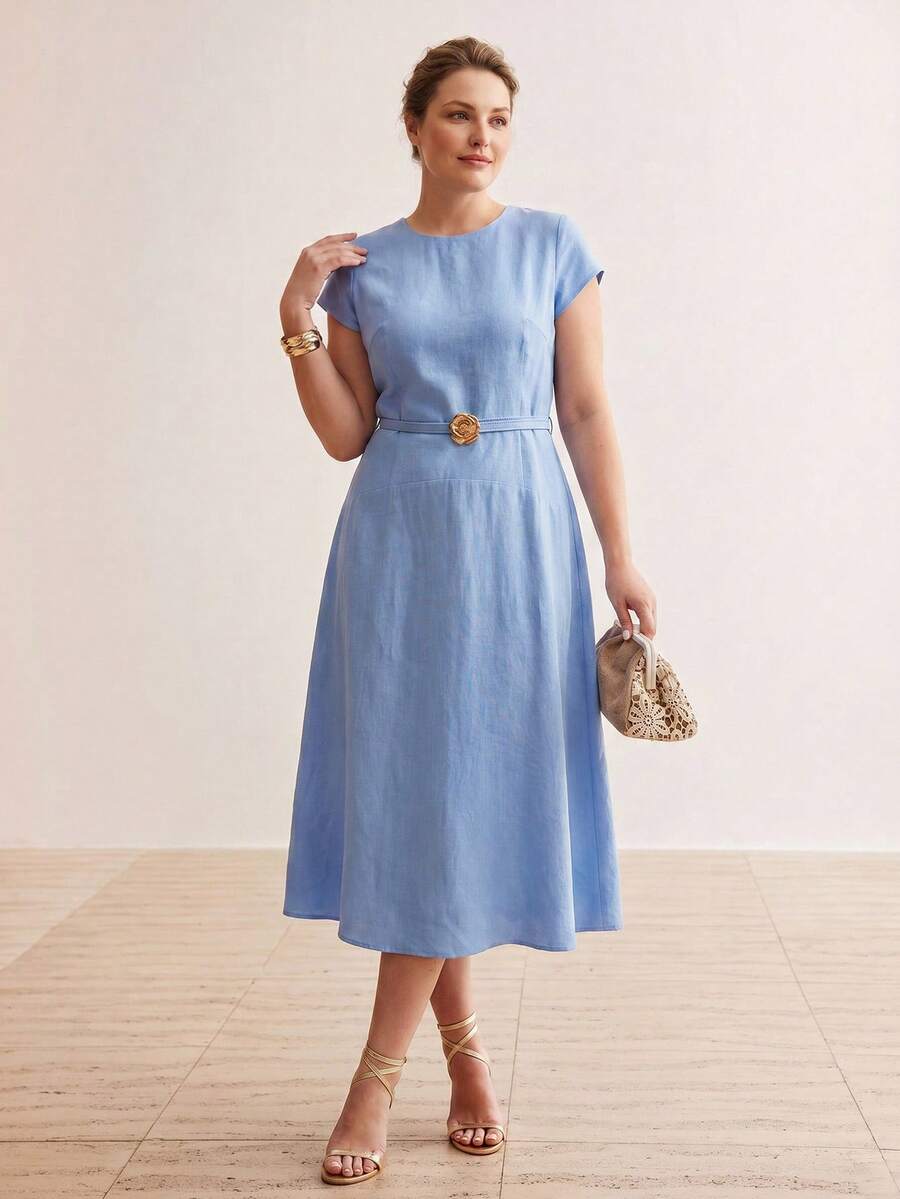 MOTF PREMIUM PLUS SIZE WOMEN'S LINEN MINIMALIST COMFORTABLE WAIST BELTED FLARED DRESS, SPRING/SUMMER - Blue - View 1