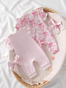 2pcs Newborn Soft Pink Floral Butterfly Ruffle Front Snap Closure Romper & 2pcs Matching Floral Hair Accessories - Pink - View 2