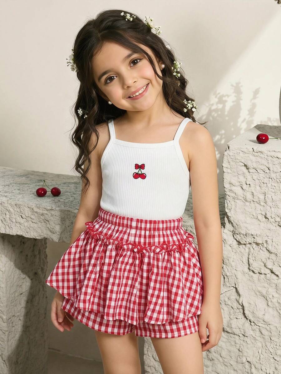 SHEIN Bộ 2 món đồ dệt kim màu trơn họa tiết quả anh đào dành cho bé gái: áo hai dây và quần short. - Nhiều màu - Xem 1