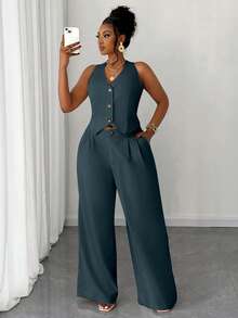 Maweii Plus Size Women 2 Pieces Set: Solid Color Cropped Vest & Wide Leg Pants - Teal Blue - View 3
