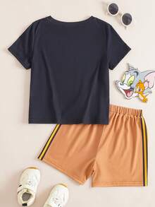 TOM & JERRY X SHEIN Young Boy Casual Letter & Cartoon Print Short Sleeve T-Shirt And Shorts Set - Black - View 2