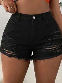 ROMWE Plus Size Distressed Design Versatile High Stretch Sexy Slim Fit Mini Denim Shorts, All-Match Black - Black - View 1