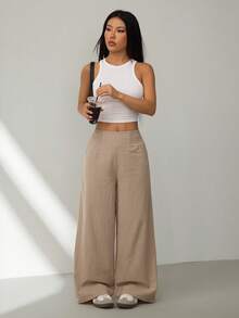 SHEIN PETITE 2026春夏新款休闲日常出行、聚会、通勤、返校、约会、居家、生日派对等多种场合皆宜的宽松弹力腰阔腿裤，米色 - 卡其色 - 查看 4