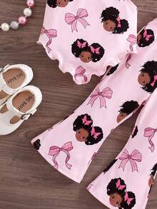 女宝宝可爱度假休闲针织蝴蝶结吊带背心和喇叭裤套装 幼儿女童背带裤 幼儿女童连体裤 幼儿连体裤套装 幼儿蝴蝶结印花连体裤 幼儿女童服装 幼儿女童夏季街头服饰 幼儿连体衣 幼儿喇叭裤连体裤 - 粉色 - 查看 4