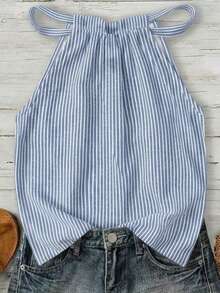 Rusticease Casual Vacation Style Minimalist Blue Faux Textured Striped Women's Halter Neck Tank Top, Suitable For Spring/Summer - Multicolor - View 6