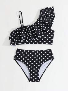 SHEIN Bộ bikini chấm bi cho bé gái tuổi teen, chất liệu vải dệt kim, dây đeo bèo nhún, đồ bơi 2 mảnh, thích hợp cho bơi lội, bãi biển, hồ bơi, kỳ nghỉ hè, tiệc tùng. - Đen và trắng - Xem 5