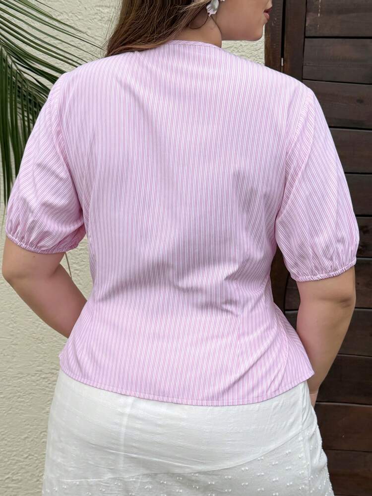 Dazy Plus Countryside Style Holiday Easter Party Summer Vacation Pink Striped Petal Sleeve Tie Waist Women Blouse, Spring/Summer