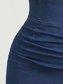 Jeanoix Đầm denim không tay ôm sát, cổ vuông, xếp ly dành cho nữ cỡ lớn - Màu xanh lam - Xem 4