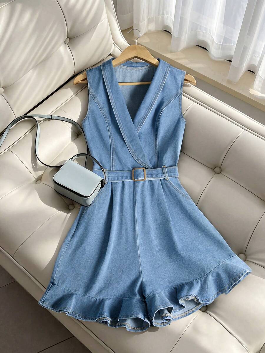 GlowEve Bộ jumpsuit denim nữ mùa hè dáng rộng, không tay, cổ ve lật, viền bèo nhún. - Màu xanh lam - Xem 1