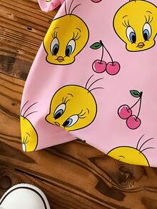 LOONEY TUNES X SHEIN GraphicGems 女婴可爱卡通印花圆领短袖上衣 - 玫紅色 - 查看 6