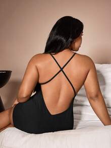 Lazeform Plus Size Women Backless Criss-Cross Jumpsuit, Casual Loungewear For Summer - Black - View 5