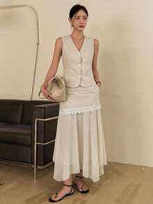 Dazy-Less Đầm maxi nữ cổ chữ V phối ren bất đối xứng kèm áo gile, phong cách thường ngày đi biển, bộ 2 món mùa xuân/hè. - trắng - Xem 3