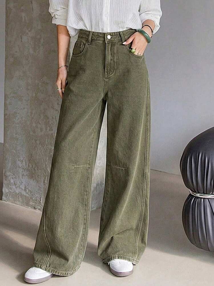Women's Loose Fit Distressed Military Green Casual Jeans, Suitable For Spring & Summer