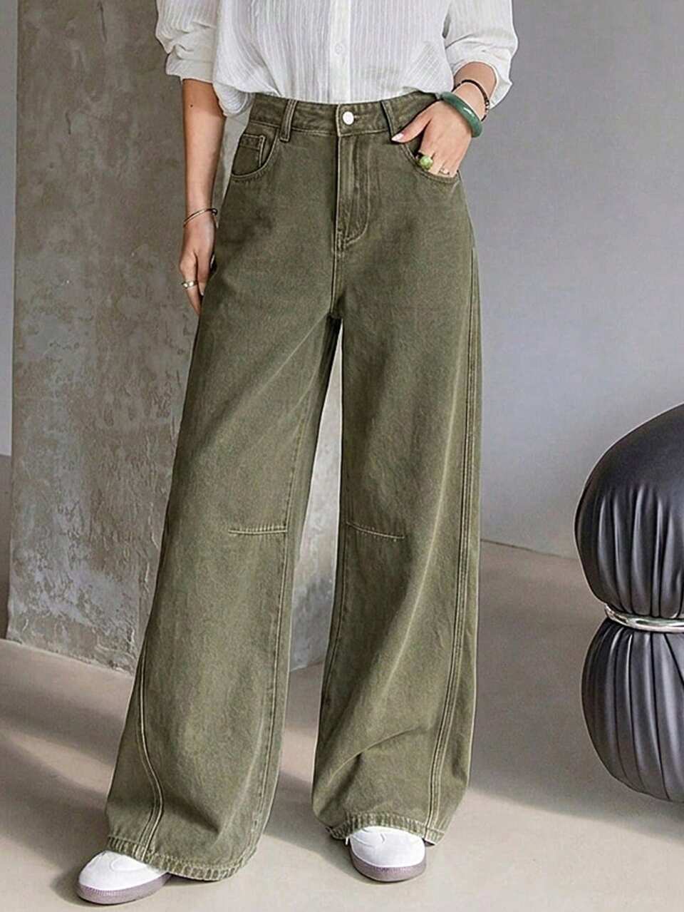 Women's Loose Fit Distressed Army Green Casual Jeans, Suitable For Spring Summer Business Woman Everyday