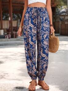 SHEIN PETITE Quần Harem nữ kiểu dáng thường ngày, họa tiết cây nhiệt đới, thích hợp cho kỳ nghỉ xuân/hè. - Màu xanh lam - Xem 3
