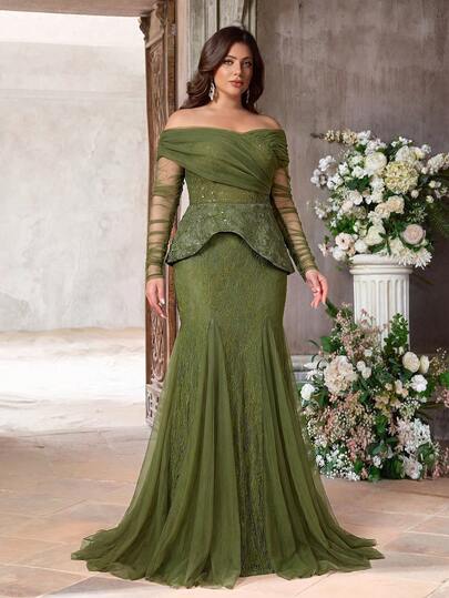 Aureia Đầm cỡ lớn sang trọng, thanh lịch với họa tiết ren đính sequin, phối ren, xuyên thấu, trễ vai, tay áo, vạt đuôi cá và vạt tam giác phối lưới, thích hợp cho tiệc tối, dạ hội, hẹn hò, du lịch, đám cưới, lễ hội âm nhạc, trang phục trang trọng (Thiết kế tinh xảo)