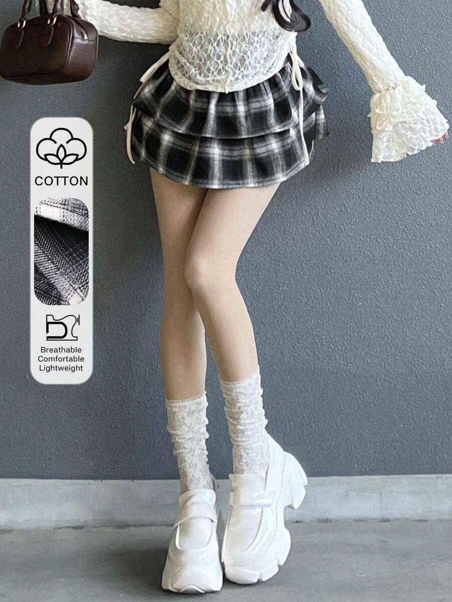 FRIFUL Jupe évasée vintage à volants et carreaux pour femmes - Noir - Voir 1