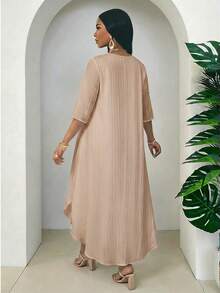 SHEIN Lady Chic Khaki Ladies' Pleated High Low Tunic Top And Palazzo Pants Two-Piece Outfit For Everyday Wear - Khaki - View 2
