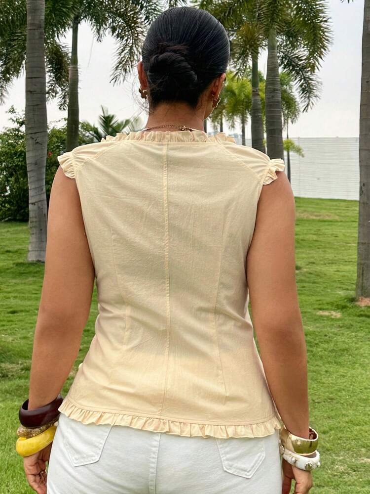 Dazy Plus V-Neck Ruffle Trim Casual Slim Fit Cropped Cardigan Shirt, Plus Size Women Spring/Summer