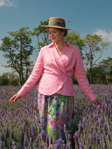 MOTF PREMIUM WOMEN'S PLUS LINEN TIE WRAP LONG SLEEVE BLOUSE, SPRING/SUMMER - Pink - View 7