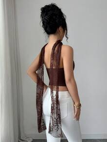 Elenzga Áo kiểu cúp ngực ren phối họa tiết gợi cảm, thích hợp cho tiệc tốt nghiệp, kỳ nghỉ, hẹn hò, đi biển, hoạt động ngoài trời, sinh nhật, màu nâu, áo nữ thanh lịch, áo ren sang trọng, trang phục dự đám cưới, trang phục đi nghỉ mát. - màu nâu - Xem 2