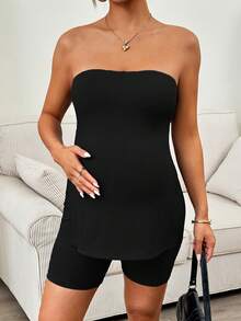 SHEIN Conjunto de 2 piezas de top tubo y shorts de unicolor minimalista para maternidad de verano - Negro - Ver 6