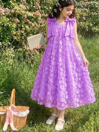 SHEIN Elladie kids Elegant Fashion Ruffled Pearl Decor Mesh Girls Dress