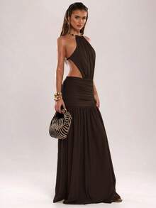 SHEIN BAE Vestido casual de vacaciones para mujer con unicolor, decoración con cuentas, escote halter y espalda descubierta, adecuado para playa, vacaciones, viajes, vacaciones bohemias, vestido verde, vestido elegante y sexy - Café integral - Ver 5