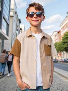 SHEIN 1件儿童/青少年男童休闲条纹Polo领短袖衬衫，用途广泛，适合上学、通勤、日常休闲穿着、运动，适合春夏季节穿着。 - 棕色 - 查看 5