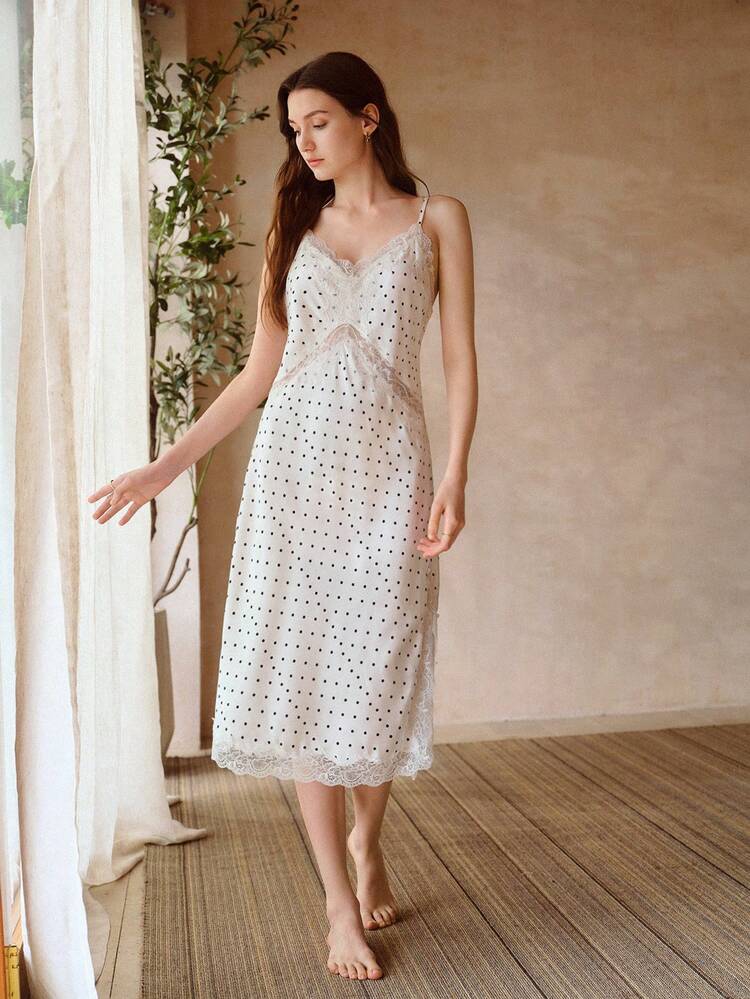 POLKA DOT PRINT CONTRAST LACE SLIP SLEEP DRESS