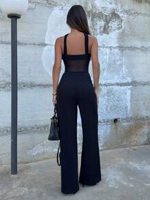 Ronhire Bộ jumpsuit nữ màu đen cổ yếm, chất liệu hơi xuyên thấu, ống rộng, jumpsuit đen thanh lịch, jumpsuit du lịch tối giản, thích hợp cho mùa xuân/hè. - màu đen - Xem 2