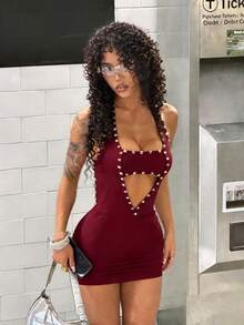 StreetHx Women's Punk Rock Rivet Deep V-Neck Backless Bodycon Mini Dress - Burgundy - View 6
