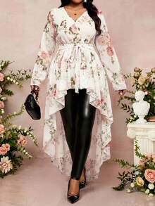 SHEIN Lady CURVE 大码女式V领印花褶皱休闲百搭日常上衣 - 彩色 - 查看 4