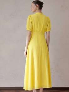Aveloria Zanirela Đầm chiffon thanh lịch dành cho nữ với thiết kế xếp ly ở phần ngực, tay áo kiểu công chúa, thắt eo, chân váy xòe, màu trơn tối giản, đa năng cho công sở, tay dài. - Màu vàng - Xem 4