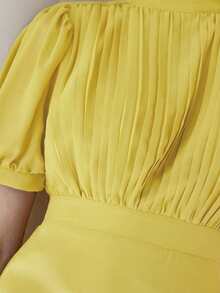 Aveloria Zanirela Đầm chiffon thanh lịch dành cho nữ với thiết kế xếp ly ở phần ngực, tay áo kiểu công chúa, thắt eo, chân váy xòe, màu trơn tối giản, đa năng cho công sở, tay dài. - Màu vàng - Xem 7