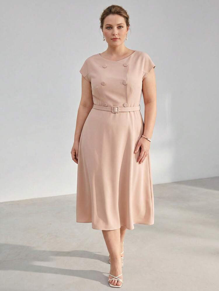 PLUS SIZE WOMEN'S BOAT NECK DOUBLE-BREASTED WAIST FLARE DRESS, SPRING/SUMMER