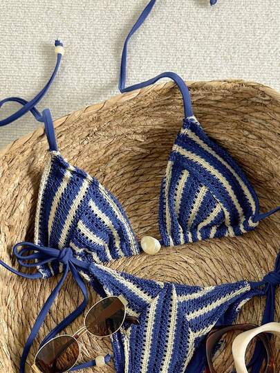 Swim Vcay Áo bikini mùa hè dành cho nữ, kiểu yếm, chất liệu vải dệt họa tiết khoét rỗng, thiết kế tam giác phía trước, kiểu áo bikini.