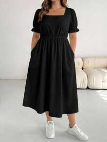 SHEIN Essnce Đầm ngắn tay màu đen cỡ lớn dành cho nữ, kiểu dáng thường ngày, thích hợp cho mùa xuân và mùa hè. - Nhiều màu - Xem 4