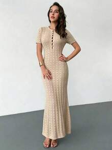 Rafferiza Đầm len nữ mùa xuân/hè dáng ôm vừa vặn, cổ tròn, tay ngắn, cài khuy nửa thân, vạt đuôi cá, màu mơ. - Màu Khaki - Xem 5