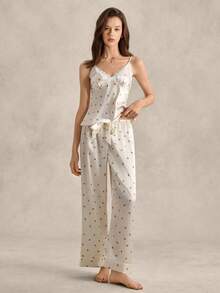 EverLounge Cherry Print Contrast Lace Satin Cami Top & Pants PJ Set / Pajama Set - Beige - View 5