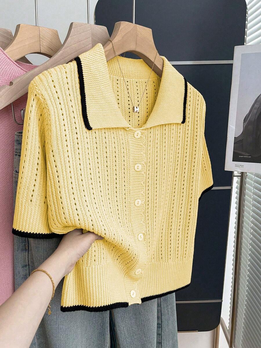 Franclia Cárdigan casual y suelto con cuello polo, manga corta, tejido calado y diseño de ribete de contraste en color albaricoque para mujer, primavera/verano - Amarillo claro - Ver 1