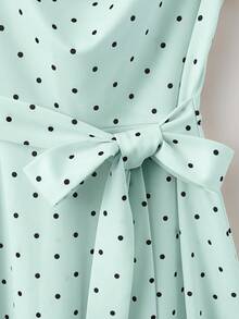 SHEIN LUNE Damen elegantes französischer Stil Polka Punkt Rüschen Kragen Taille Schleife Minimalistische romantische Lässig Kurzarm Kleid, Frühling/Sommer - Minzgrün - Übersicht 4