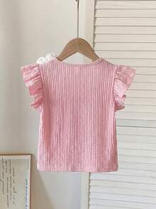 SHEIN 少女花卉装饰休闲百搭日常穿着T恤 - 粉色 - 查看 3