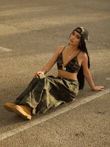 女士春夏 Y2K 街头服饰迷彩撞色滚边短款背心 - 軍綠色 - 查看 4