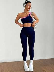 Dewbera Dewbera Kamisol Yoga Satu Bahu Tanpa Jahitan, Pengangkat, Elastisitas Tinggi, Setelan Olahraga Wanita Warna Navy, Set Latihan Aktif Dua Potong, Legging Gym, Blok Warna. - Navy Blue - View 5