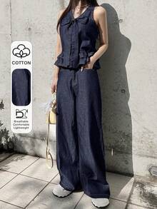 FRIFUL Women's Fashion Bow Tie Strap Ruffle Hem Camisole And Casual Pocket Denim Pants Set - Blue - View 1
